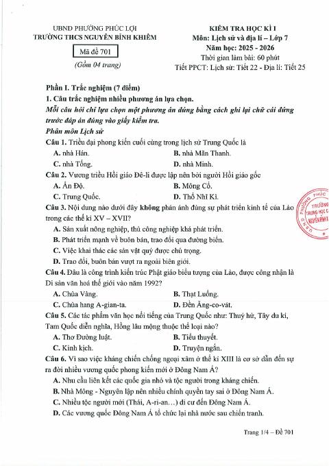 Đề thi Học kì 1 Lịch sử và Địa lí 7 năm 2025-2026 trường THCS Nguyễn Bỉnh Khiêm (Hà Nội)
